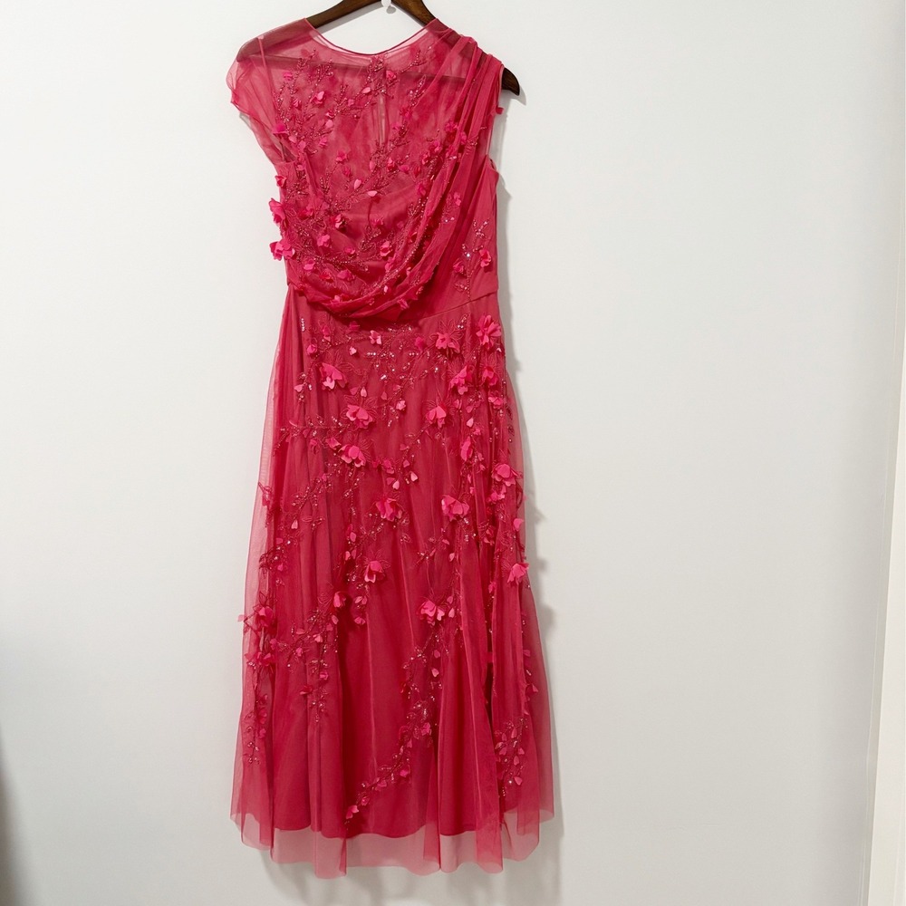 THEIA Leona Petal Gown Women 12 Pink 3D Floral Applique Sequin Tulle Draped